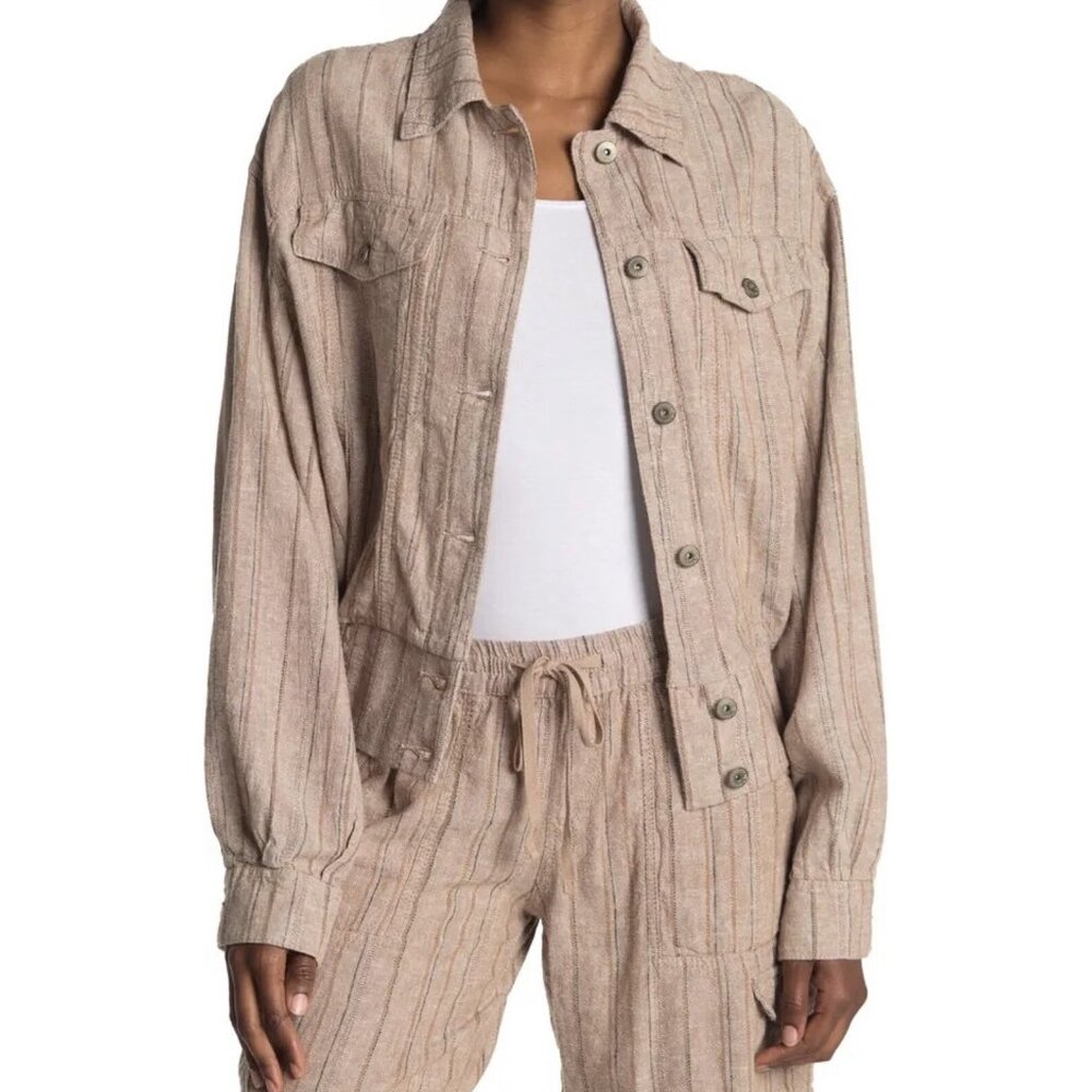Supplies Women Linen Jacket Medium Brown Long Sleeves Buttons Striped NWT